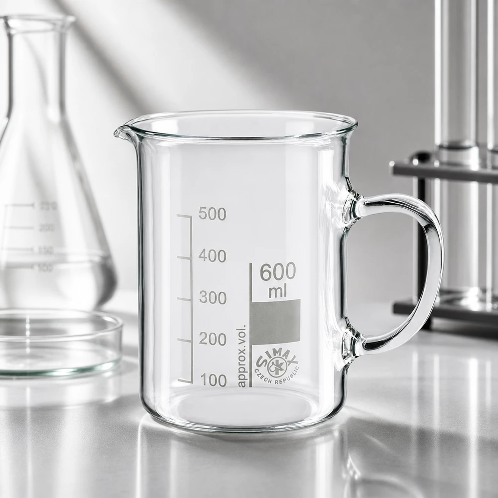 Becherglas 600ml Borosilikatglas, mit Henkel Professionelles Griffbecherglas 600ml SIMAX Borosilikatglas für Labor und Küche