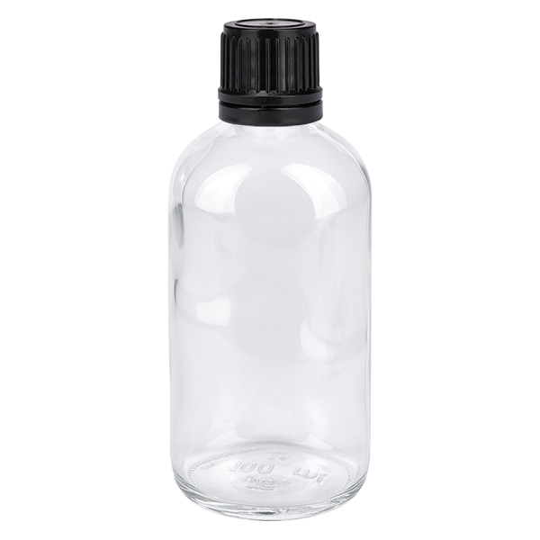 100ml Globuliflasche 8mm Giessring schwarz Standardverschluss ClearLine UT18/1 Klarglas Vorratsflasche 100ml mit schwarzem Schraubverschluss für Apothekenbedarf