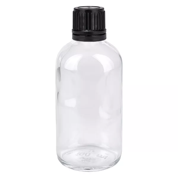 100ml Globuliflasche 8mm Giessring schwarz Standardverschluss ClearLine UT18/1 Klarglas Vorratsflasche 100ml mit schwarzem Schraubverschluss für Apothekenbedarf