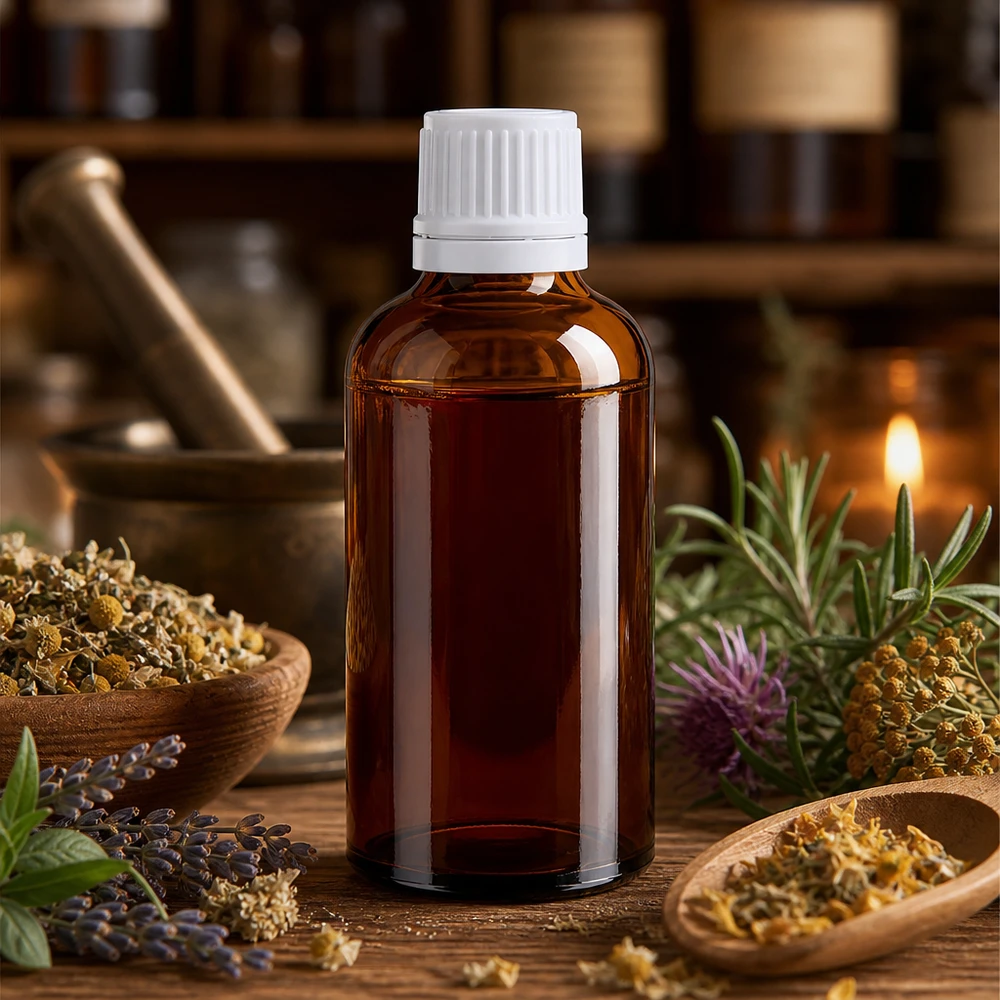 Apothekenflasche braun 50ml Schraubverschluss weiß Originalitätsverschluss Dunkle Glasflasche 50ml mit weißem OV-Verschluss zur sicheren Lagerung von Heilkräuterextrakten