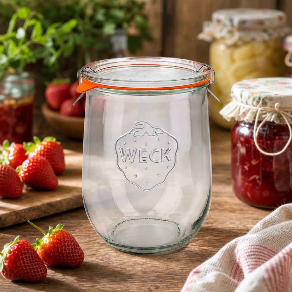 WECK Tulpenglas 1062ml RR100 leeres Einmachglas mit Erdbeeren für selbstgemachte Marmelade und Konfitüre Einkochen