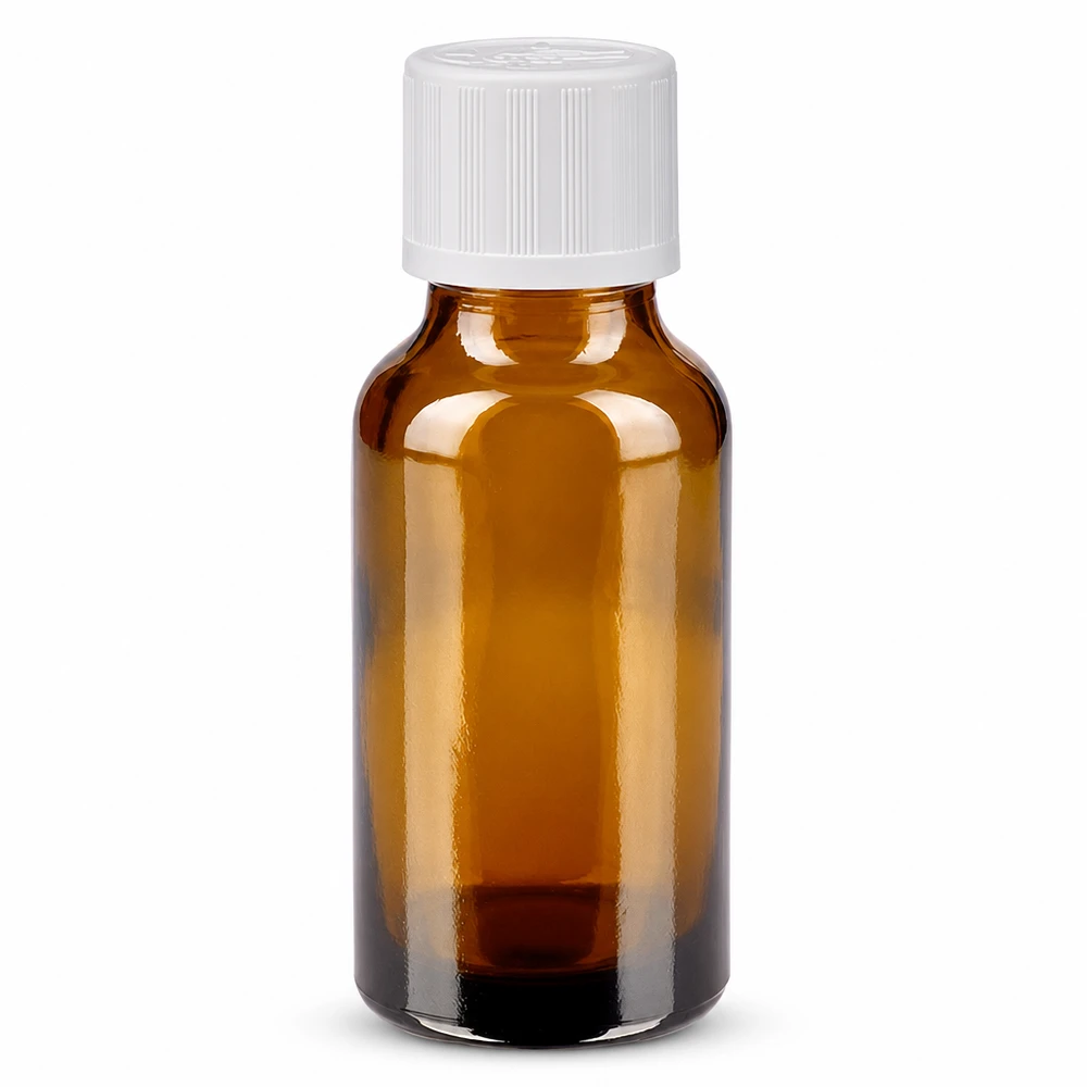 Apothekenflasche braun 20ml Schraubverschluss weiß Kindersicherung Standard Kompakte 20ml Apothekenfl. aus braunem Glas mit weißem Sicherheitsverschluss 11mm