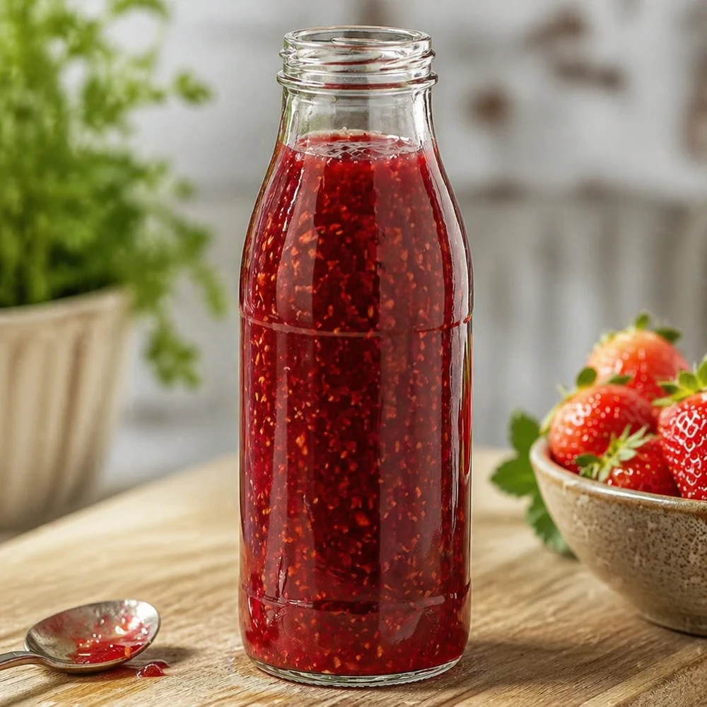 500ml Glasflasche ohne Deckel TO48 UNiTWIST mit roter Marmelade gefüllt neben frischen Erdbeeren auf Holztisch
