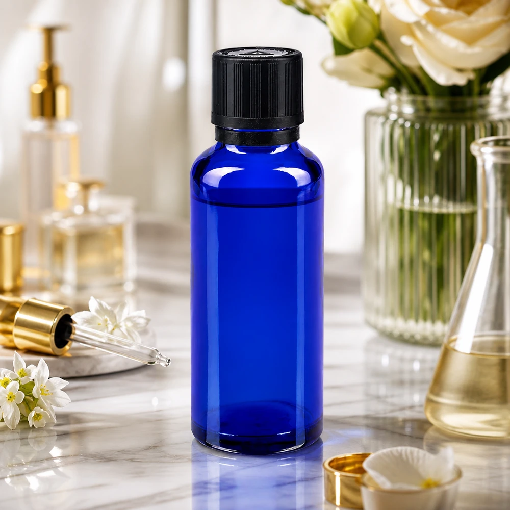Apothekenflasche blau 30ml Tropfer Giessring 1mm schwarz Kindersicherung Blindenwarnsymbol Originalitätsverschluss Apothekerflasche blau 30ml mit Tropfeinsatz ideal für Seren Öle und Naturkosmetik