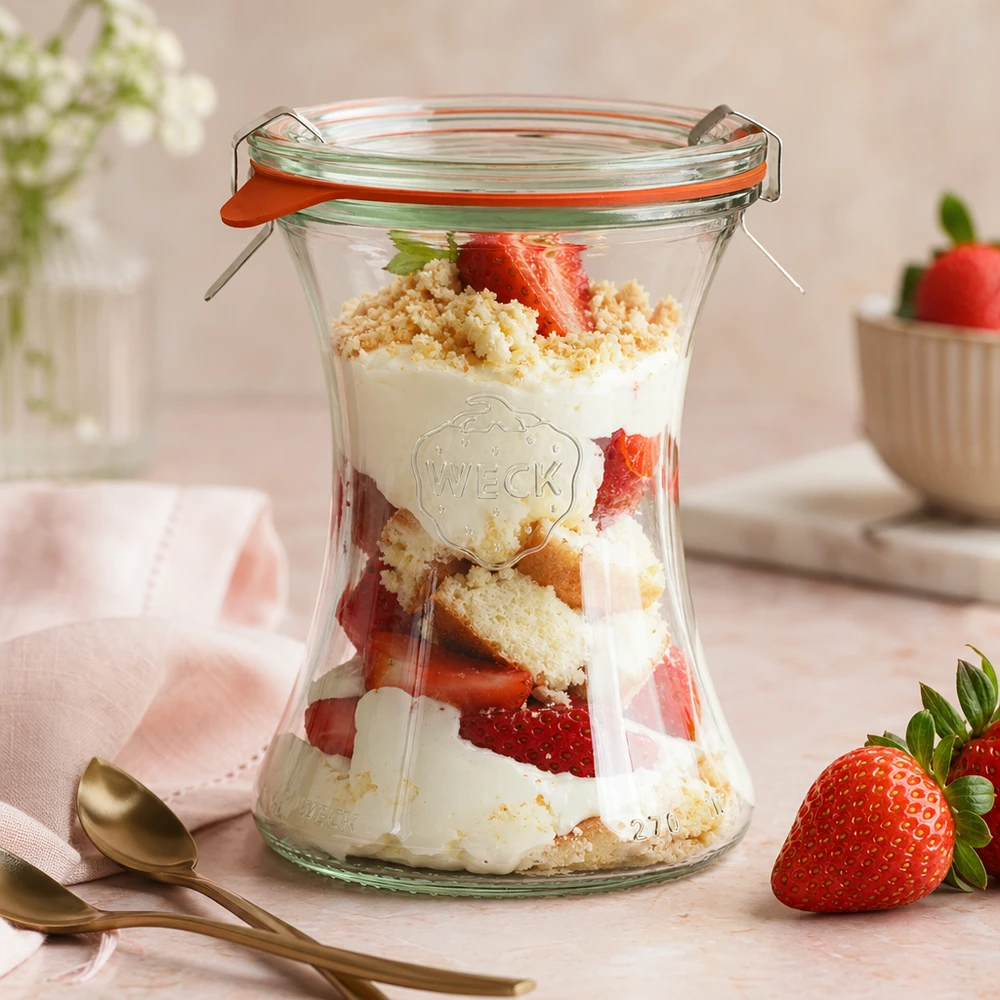 WECK Delikatessenglas 370ml mit Erdbeerdessert Schichtdessert Joghurt Krümeln rosa Ambiente Nachtisch im Glas