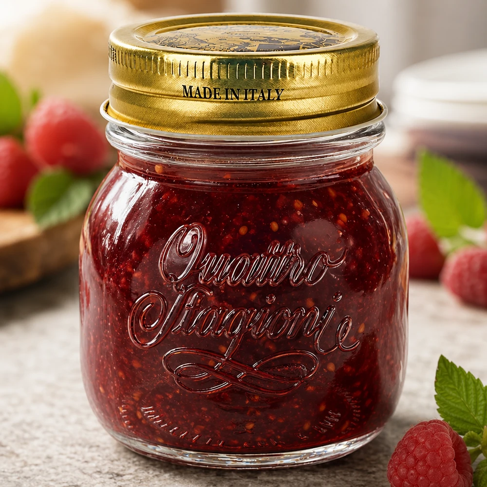150ml Rundglas "Quattro Stagioni" mit Deckel 150ml Rundglas Quattro Stagioni mit goldenem Deckel Made in Italy gefüllt mit roter Marmelade und frischen Beeren