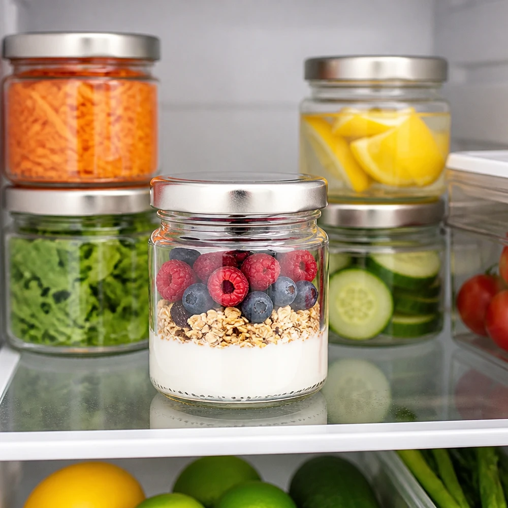 53ml Rundglas mit Beeren Granola und Joghurt befüllt silberner Metalldeckel UNiTWIST Set