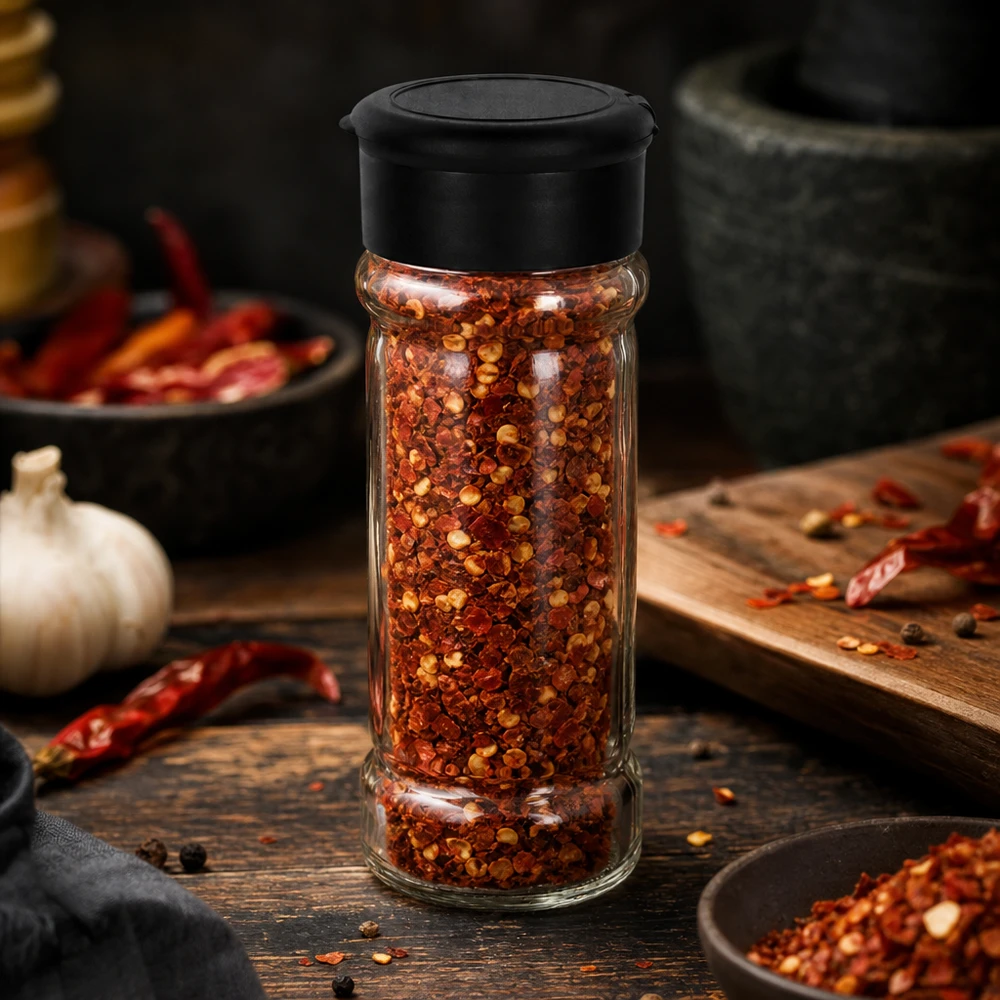Transparentes Streuglas 100ml neben Mörser und Chilischoten auf dunklem Holztisch