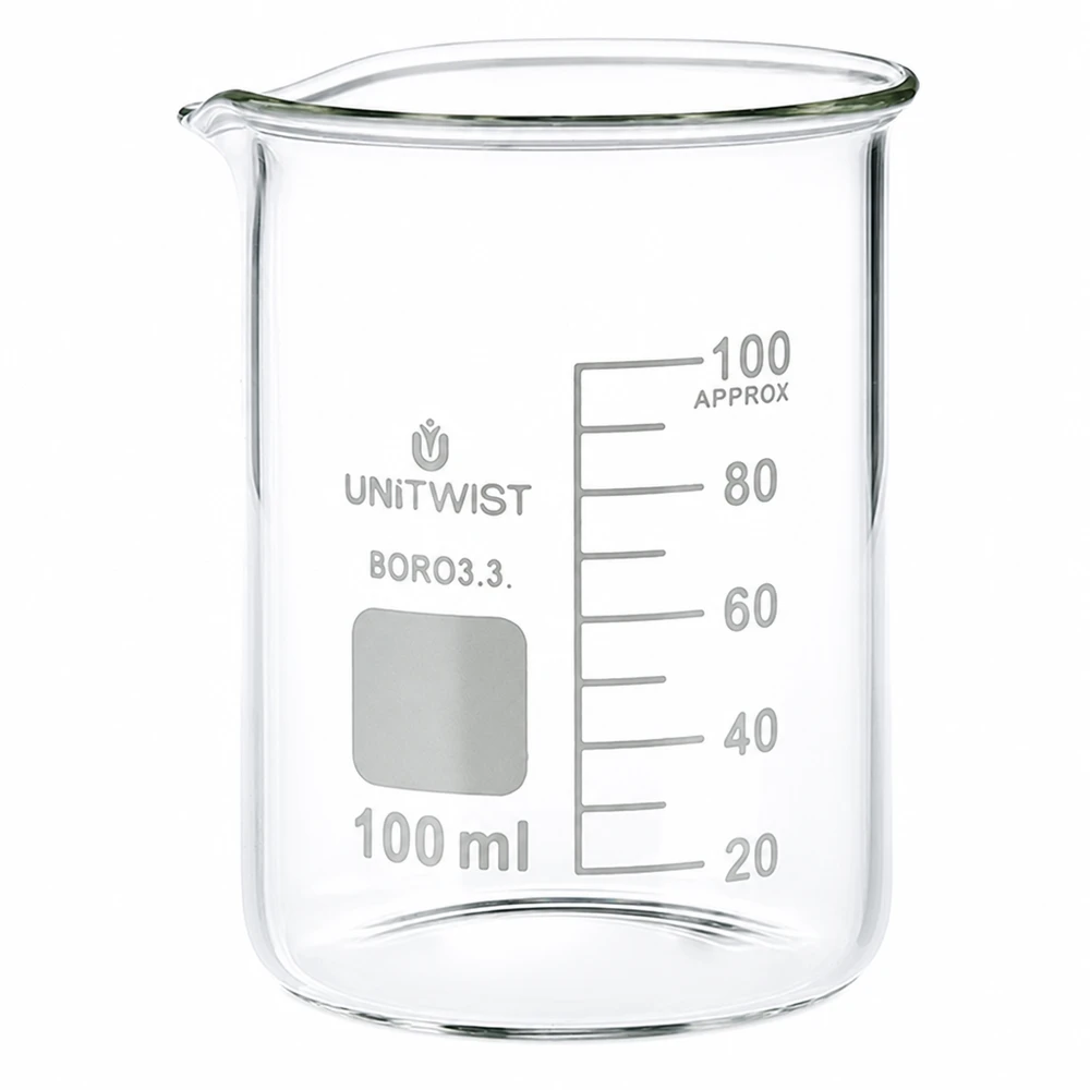 UNiTWIST Laborglas 100ml niedriger Becher aus Borosilikat 3.3 mit Beschriftungsfeld