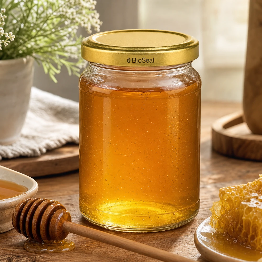 UNiTWIST Runda205 Honigglas gefüllt mit goldenem Honig TO58 BioSeal Deckel Imkereiprodukt Naturhonig im Glasgefäß