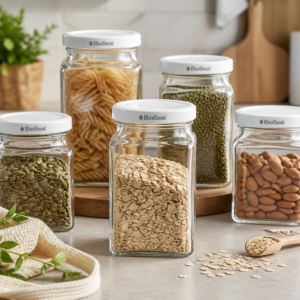 260ml Tetraglas + BioSeal Deckel weiß UNiTWIST UNiTWIST Tetra260 Vorratsglasset mit Haferflocken Mungbohnen Nudeln Mandeln weißer TO58 BioSeal Deckel Pantry Organisati