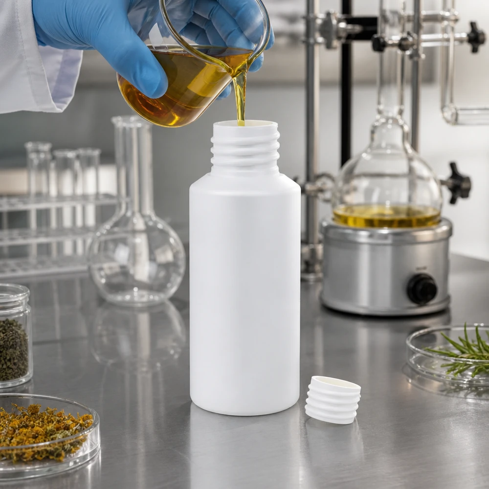 Apothekenflasche HDPE 30ml weiß, ohne Verschluss Kleine HDPE Apothekenflasche 30ml weiß mit geriffeltem Flaschenhals umgeben von Trockenblüten