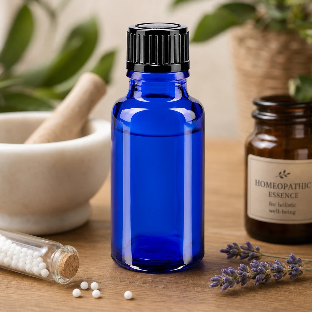 Apothekenflasche blau 20ml Tropfverschluss 1mm schwarz Standard UV-Schutz Tropfflasche Blauglas 20ml STD mit schwarzem Verschluss für Homöopathie