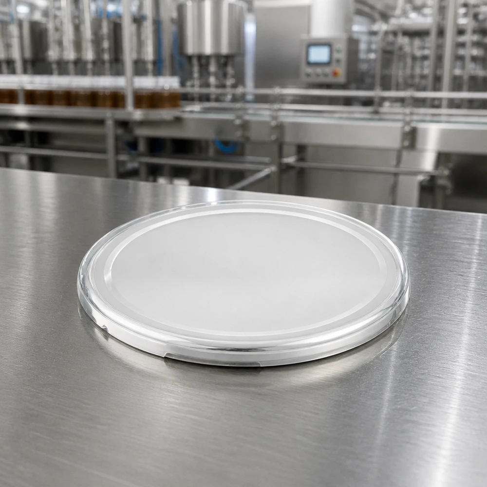 82mm BasicSeal TO82 UNiTWIST weisser Schraubdeckel liegend Edelstahltisch industrielle Abfüllanlage
