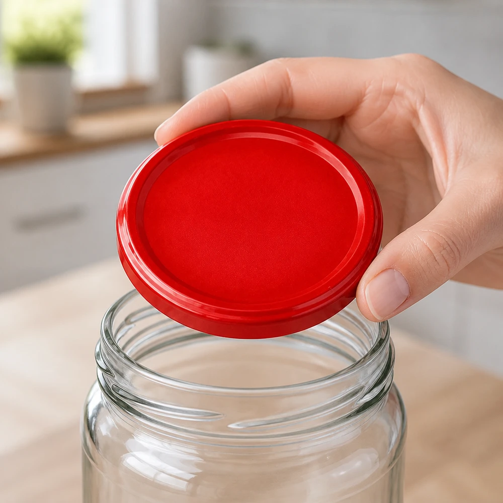 UNiTWIST TO82 BasicSeal 82mm roter Deckel auf Einweckglas helle Küchenumgebung