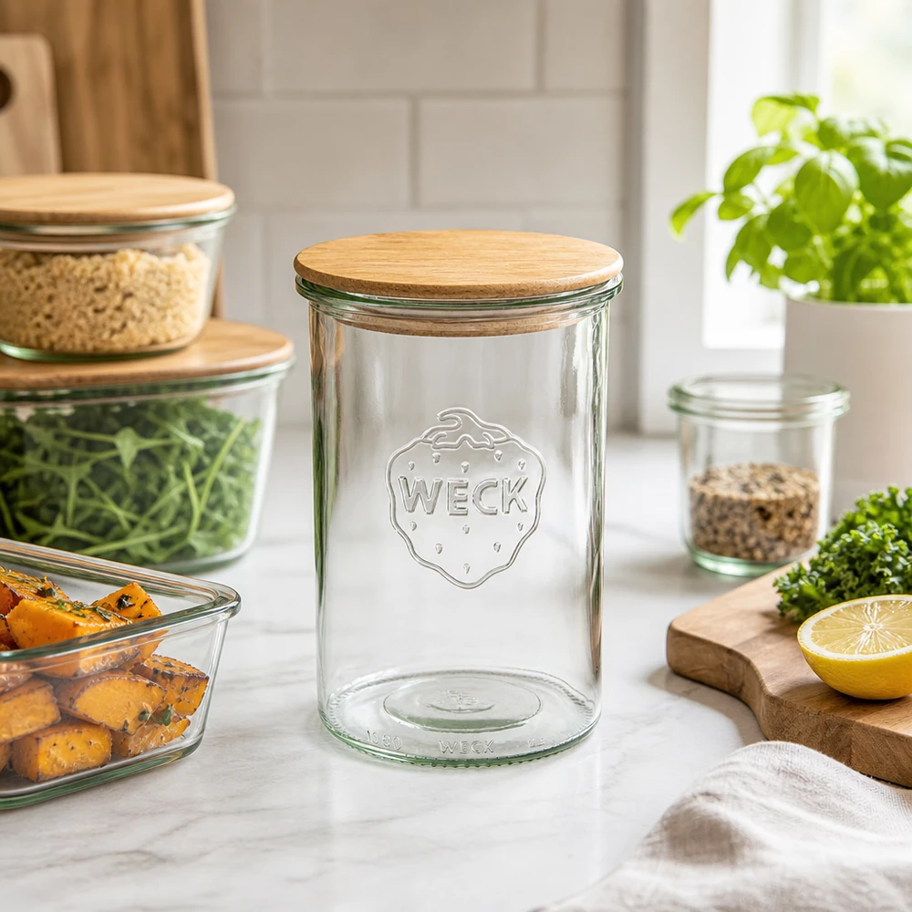 1000ml Sturzglas WECK RR100 mit Holzdeckel WECK Sturzglas 1000ml RR100 leer mit Holzdeckel in moderner Küchenszene mit Gemüse und anderen Vorratsgläsern