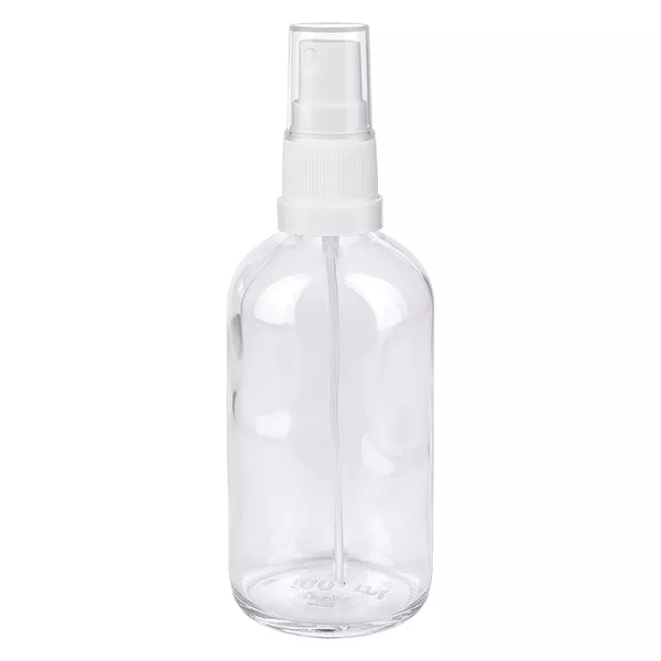 Klarglas Sprühflasche 100ml mit weißem Aufsatz UT18 für Flüssigkeiten