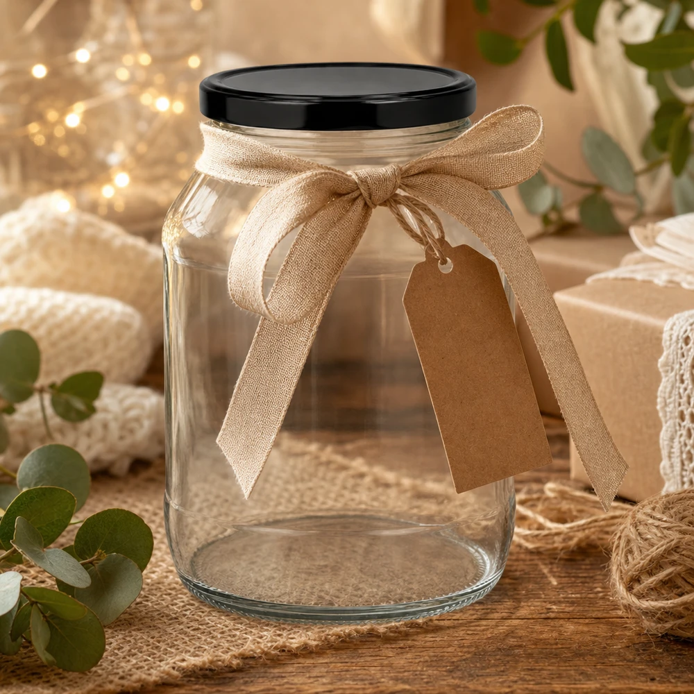 Großes 2650ml Rundglas mit schwarzem Deckel als Geschenk dekoriert mit beiger Schleife und Anhänger in rustikaler Atmosp