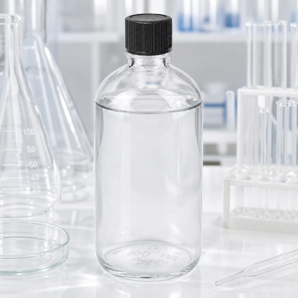 ClearLine UT18 Tropfflasche 100ml schwarzer Standardverschluss umgeben von Erlenmeyerkolben und Petrischalen