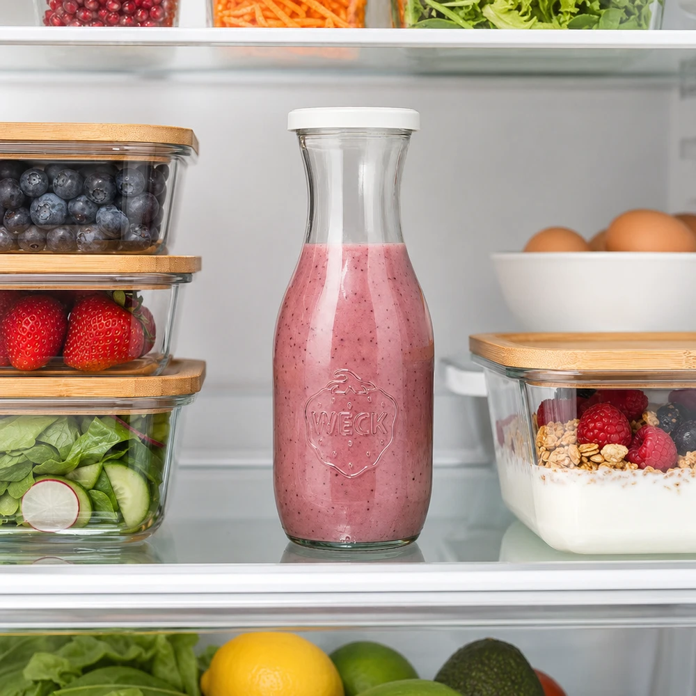 1062ml Saftflasche mit Frischedeckel WECK RR60 WECK Saftflasche 1062ml mit Beerensmoothie im Kühlschrank zwischen frischen Lebensmitteln und Vorratsbehältern