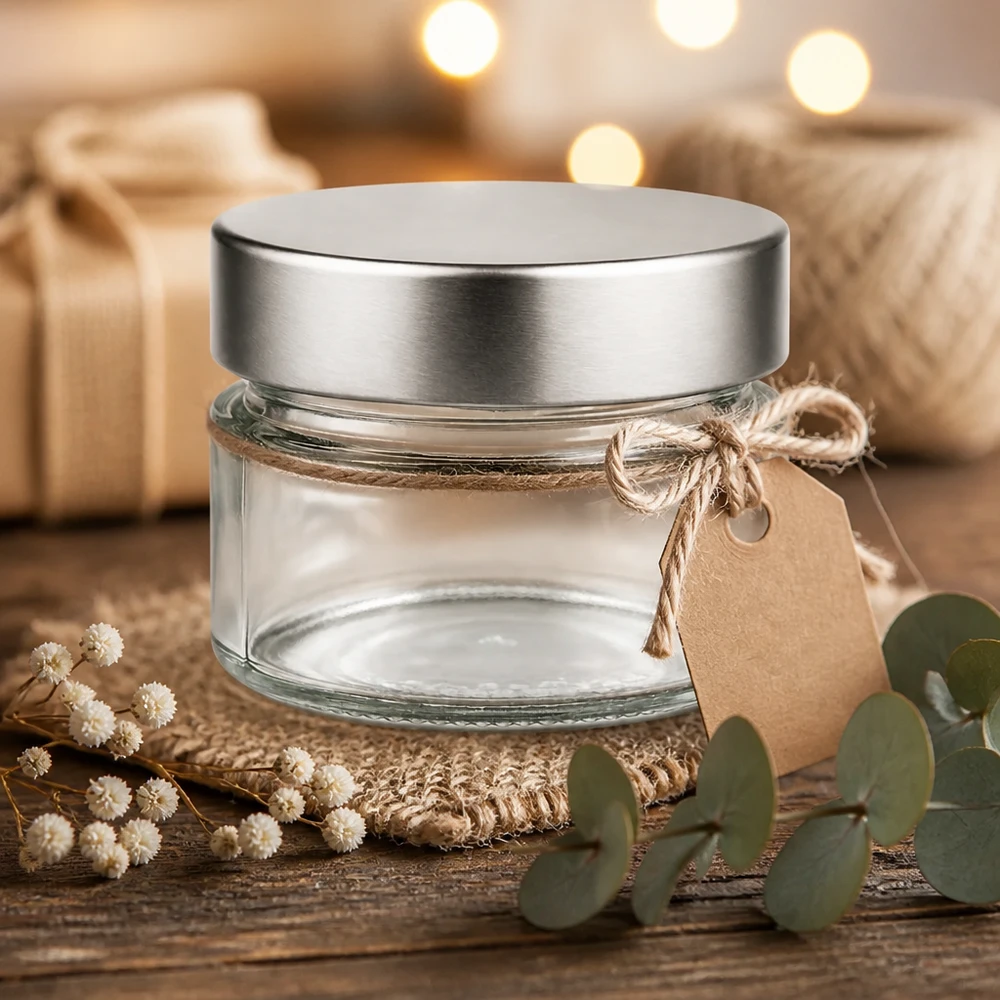 Dekoratives 80ml Rundglas UNiTWIST mit silbernem Deckel als nachhaltige Verpackungslösung