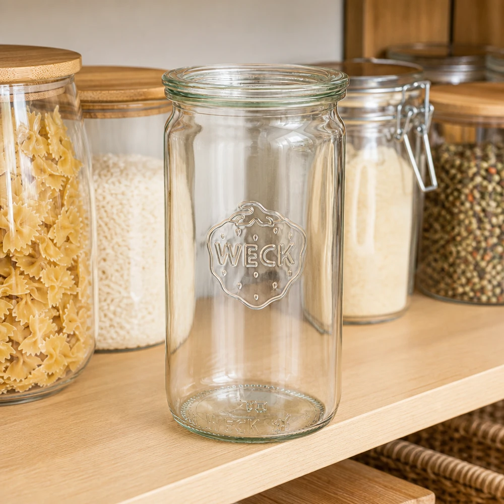 WECK Zylinderglas 340ml RR60 leer in Vorratsregal neben gefüllten Gläsern mit Pasta und Gewürzen Küchenorganisation