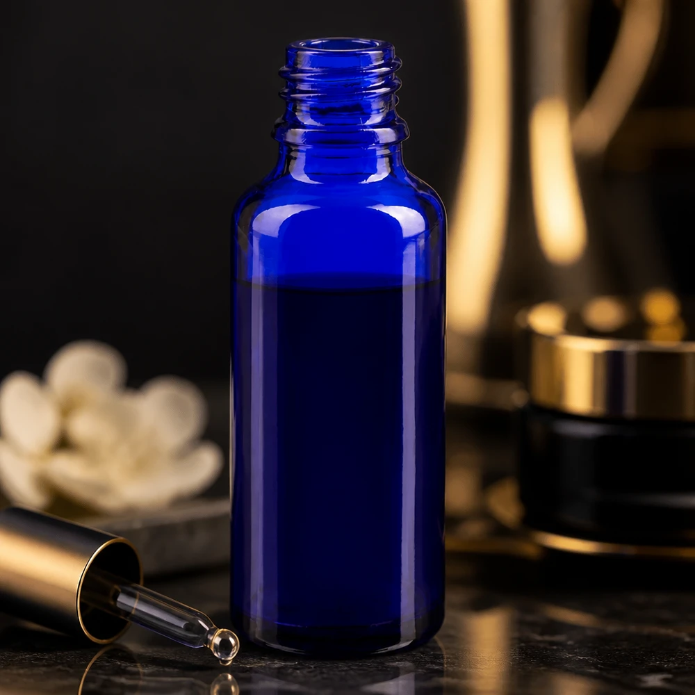 Tropfflasche 30ml DIN 18 BLAUGLAS Kobaltblaue 30ml Glasflasche ApoGlas neben goldener Kosmetikverpackung und weißer Blüte