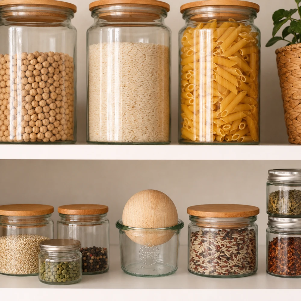 80ml Sturzglas WECK RR60 mit Holzkugel Buche WECK Sturzglas 80ml RR60 mit Holzkugel in organisierter Vorratskammer zwischen Pasta, Reis und Gewürzen