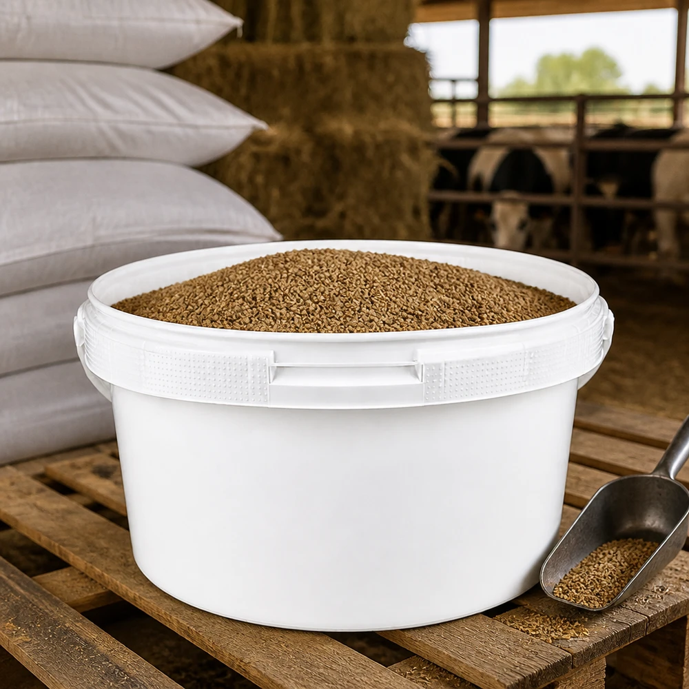 Eimer 3.5L aus weißem Kunststoff Polypropylen ohne Deckel Weißer offener PP-Behälter 3,5L mit Tierpellets im Rinderstall auf Holzpalette