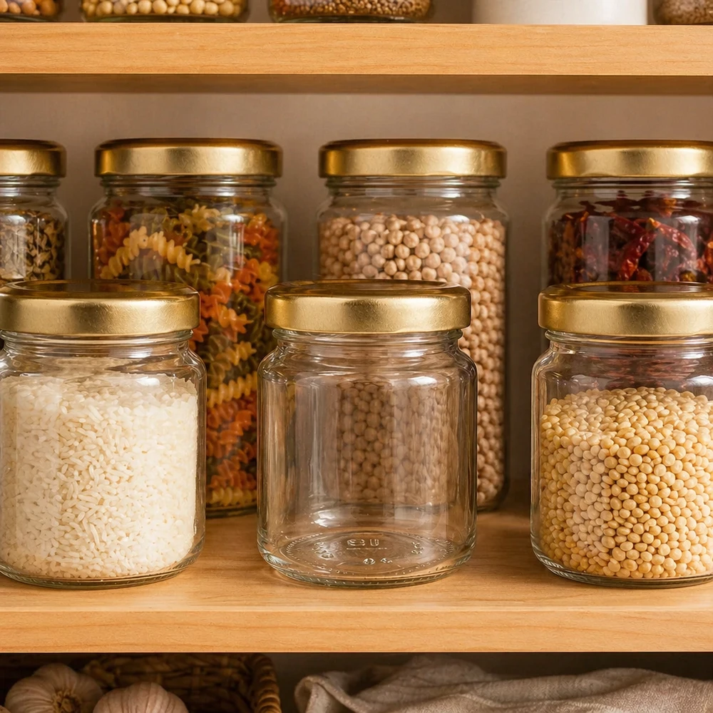 53ml Rundglas UNiTWIST mit goldenem Deckel in organisierter Vorratskammer zwischen gefüllten Gläsern mit Gewürzen