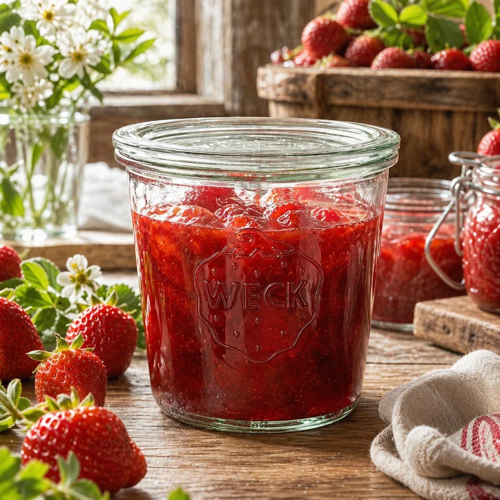 580ml Sturzglas mit Glasdeckel WECK RR100 WECK Einmachglas 580ml mit Erdbeermarmelade gefüllt in rustikaler Küche mit frischen Erdbeeren und Blumen