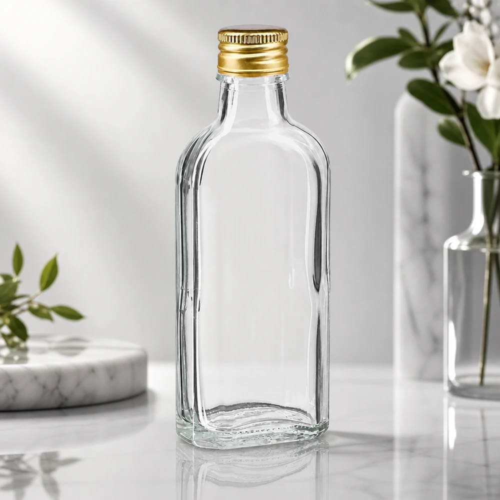 Hochwertige 100ml Glasflasche flach klar mit goldenem Aluminiumverschluss PP22 leer unbefüllt