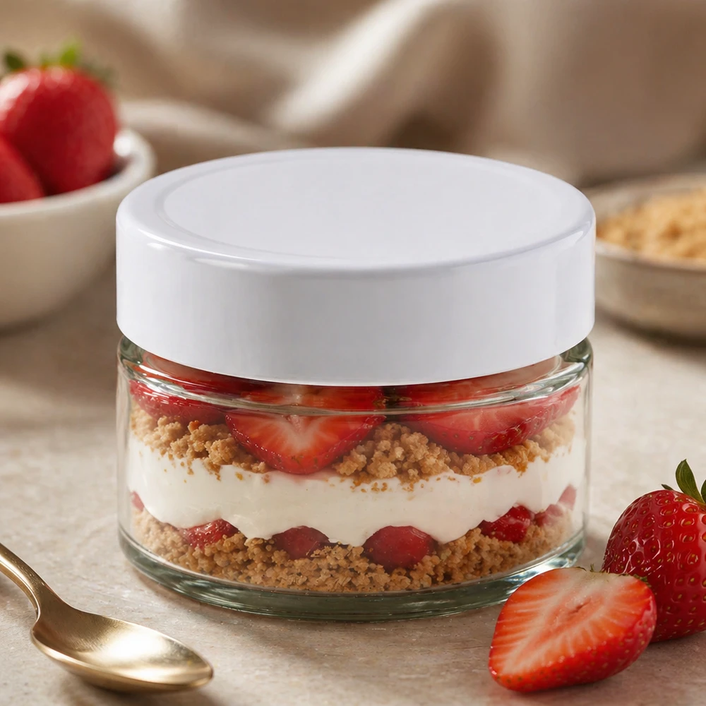 130ml Rundglas + BasicSeal Deckel weiß UNiTWIST 130ml Rundglas BasicSeal weiß befüllt mit Erdbeer-Dessert Schichtdessert - Glasdose für süße Nachspeisen