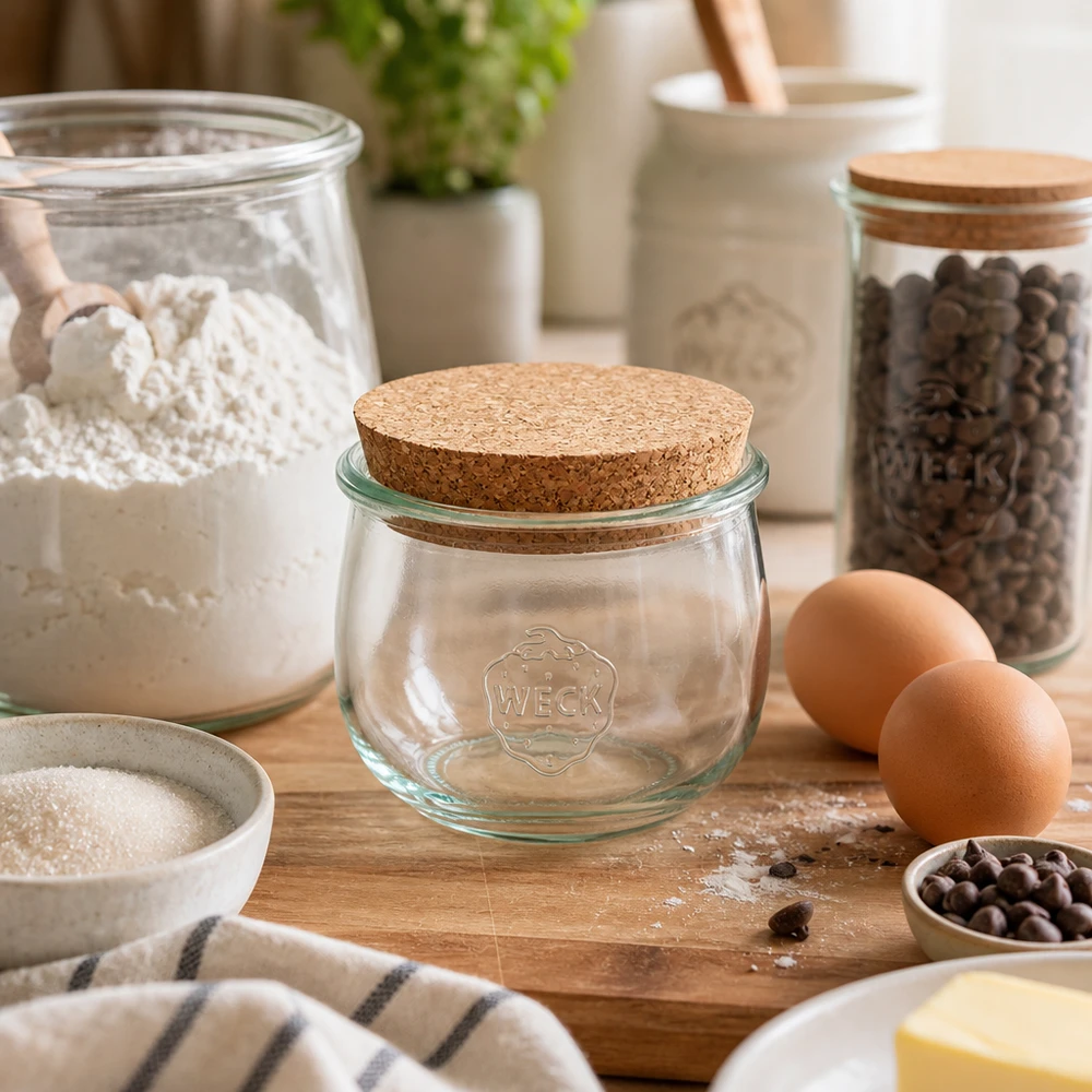 580ml Tulpenglas WECK RR100 mit Korken natur WECK Tulpenglas 580ml RR100 mit Korkdeckel auf Holzbrett umgeben von Backzutaten Mehl Eiern und Gewürzen Küchendeko