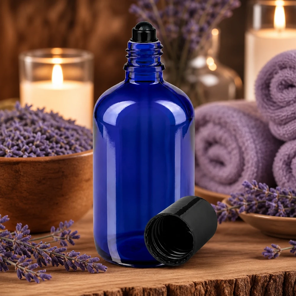 Kobaltblaue 100ml Glasflasche mit schwarzem Rollaufsatz in entspannter Wellness-Umgebung