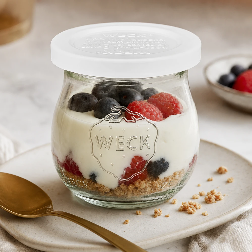 75ml Tulpenglas mit Frischedeckel WECK RR40 WECK Tulpenglas 75ml RR40 mit Joghurt Beeren und Granola als Dessert auf weißem Teller mit goldenem Löffel