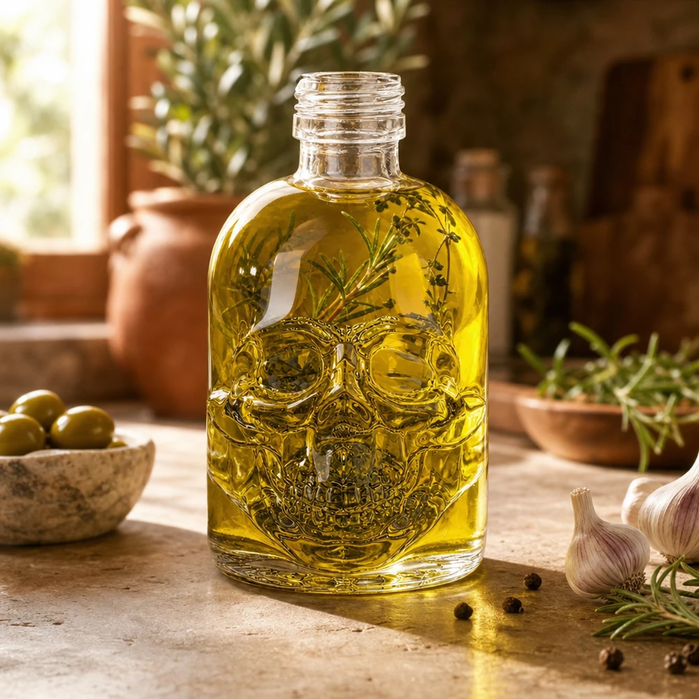 50ml Glasflasche "Hector" ohne Schrauberschluss UNiTWIST 50ml Totenkopf Glasflasche Hector mit Kräuteröl befüllt mediterrane Küche Olivenöl Dekoration UNiTWIST