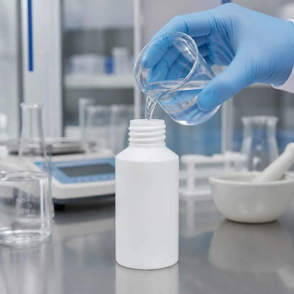 Laborant gießt Flüssigkeit aus Becherglas in weiße 50ml HDPE Apothekenflasche ohne Verschluss