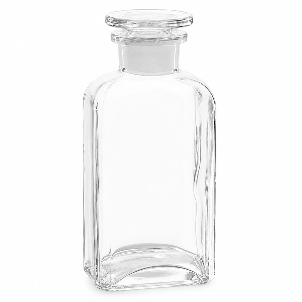 Vierkantflasche Weithals 250ml Borosilikatglas transparent mit rundem Glasstopfen