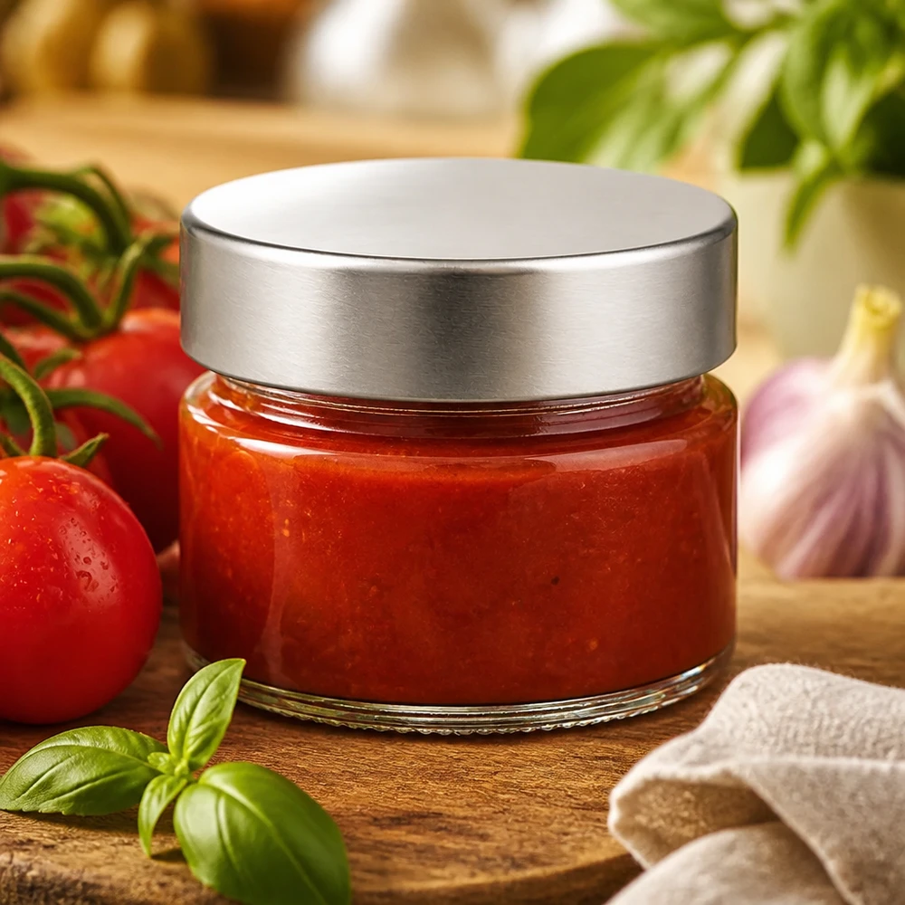 Kleines Glasgefäß 80ml silberner Metalldeckel mit selbstgemachter Tomatensauce als Geschenkidee