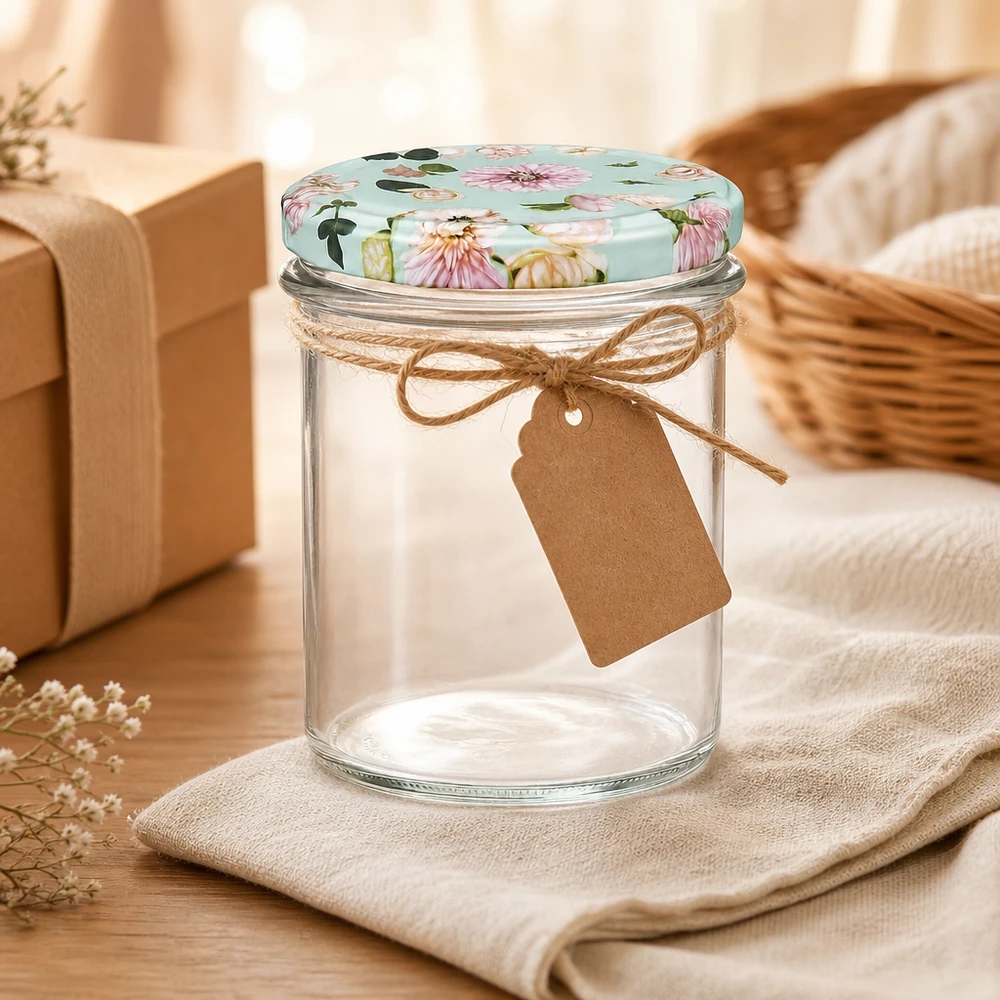 Sturzglas 350ml mit BasicSeal Deckel mint Blumenmuster, geschmückt mit Jute-Schleife und Geschenkanhänger