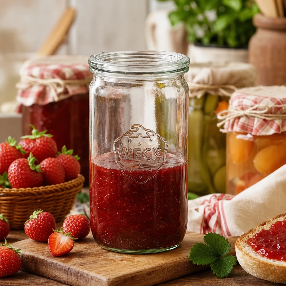 WECK 340ml Zylinderglas RR60 mit Erdbeermarmelade befüllt in rustikaler Küche mit frischen Erdbeeren und Brot