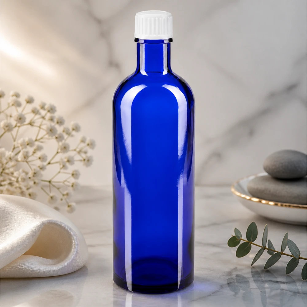 Apothekenflasche blau 200ml Schraubverschluss weiß Standard Apothekerflasche Blauglas 200ml schlanke Form weißer Schraubverschluss lichtgeschützt