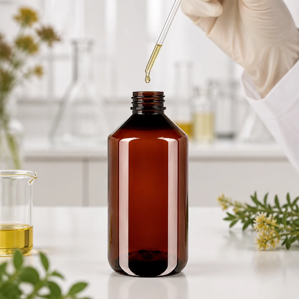 Lebensmittelechte 750ml PET Flasche bernsteinfarben mit OV für lichtempfindliche Flüssigkeiten