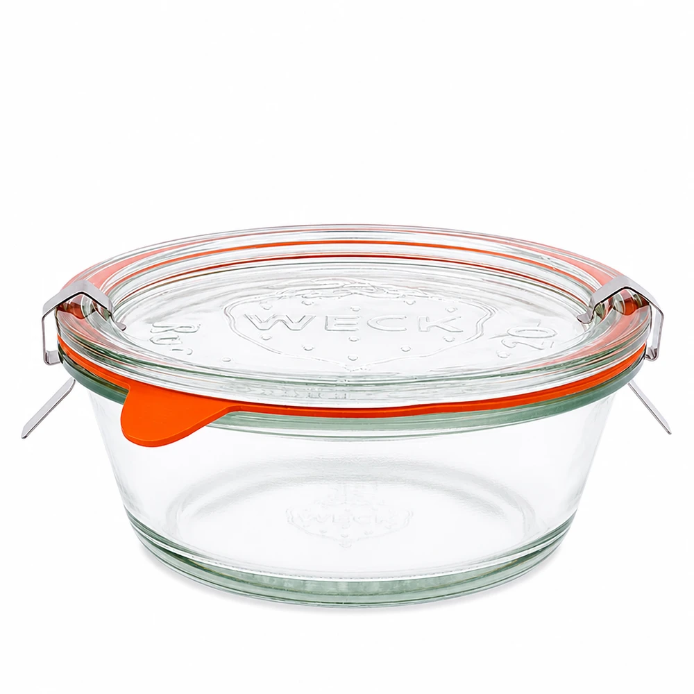 300ml Gourmetglas komplett WECK RR120 WECK Gourmetglas 300ml RR120 mit Glasdeckel und orangem Gummiring, rundes Einmachglas aus transparentem Glas