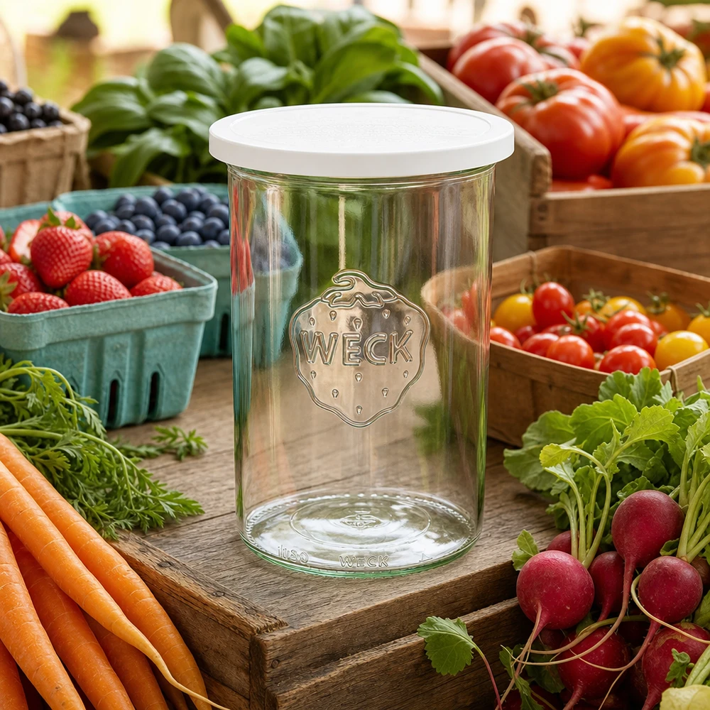 1000ml Sturzglas mit Frischedeckel WECK RR100 WECK Sturzglas 1000ml RR100 mit Frischedeckel zwischen frischem Marktgemüse Karotten Radieschen und Beeren
