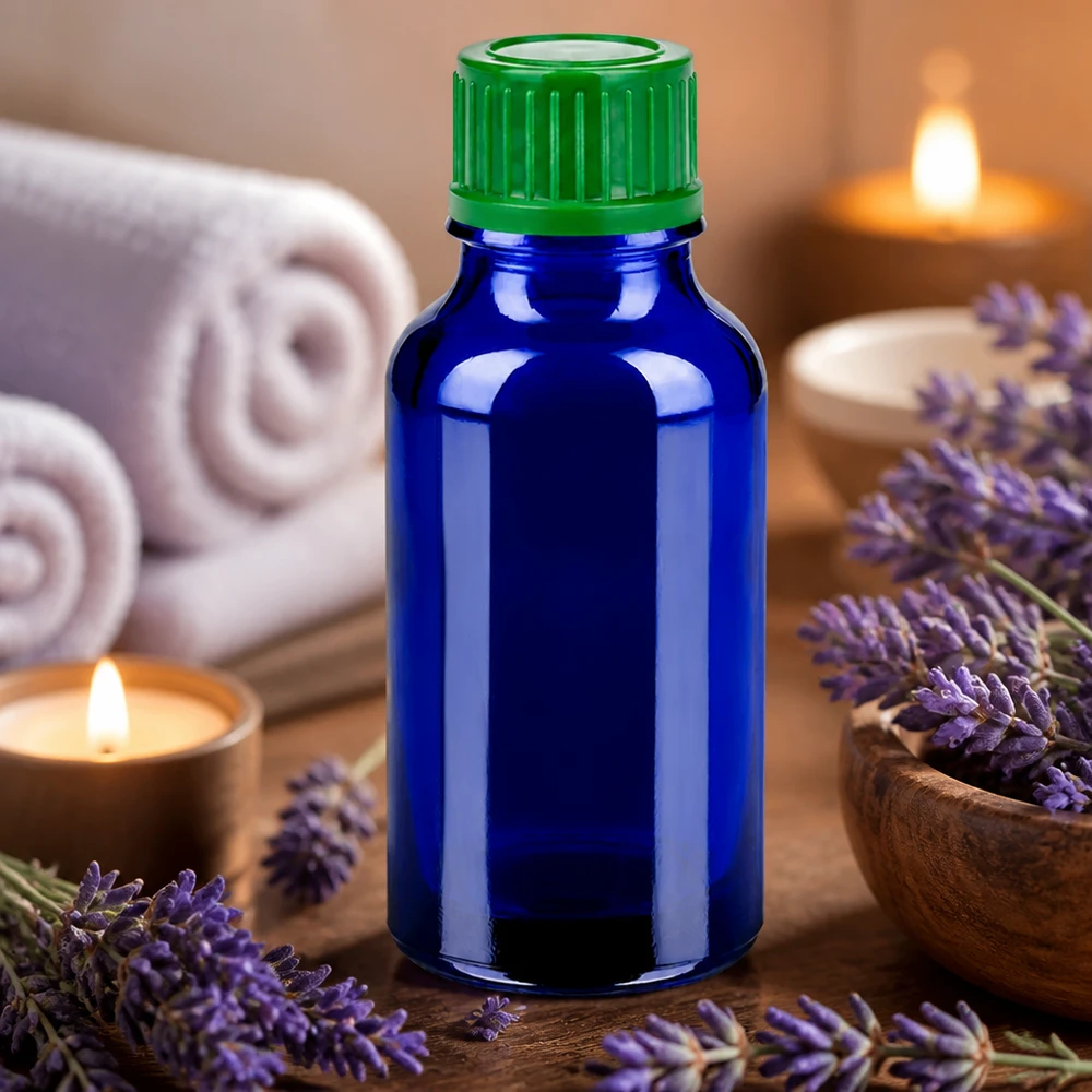 20ml Flasche 11mm Schraubverschluss grün Standard BlueLine UT18/20 Elegante blaue 20ml Flasche mit ergonomischem grünem Deckel ideal für mobile Anwendungen BlueLine