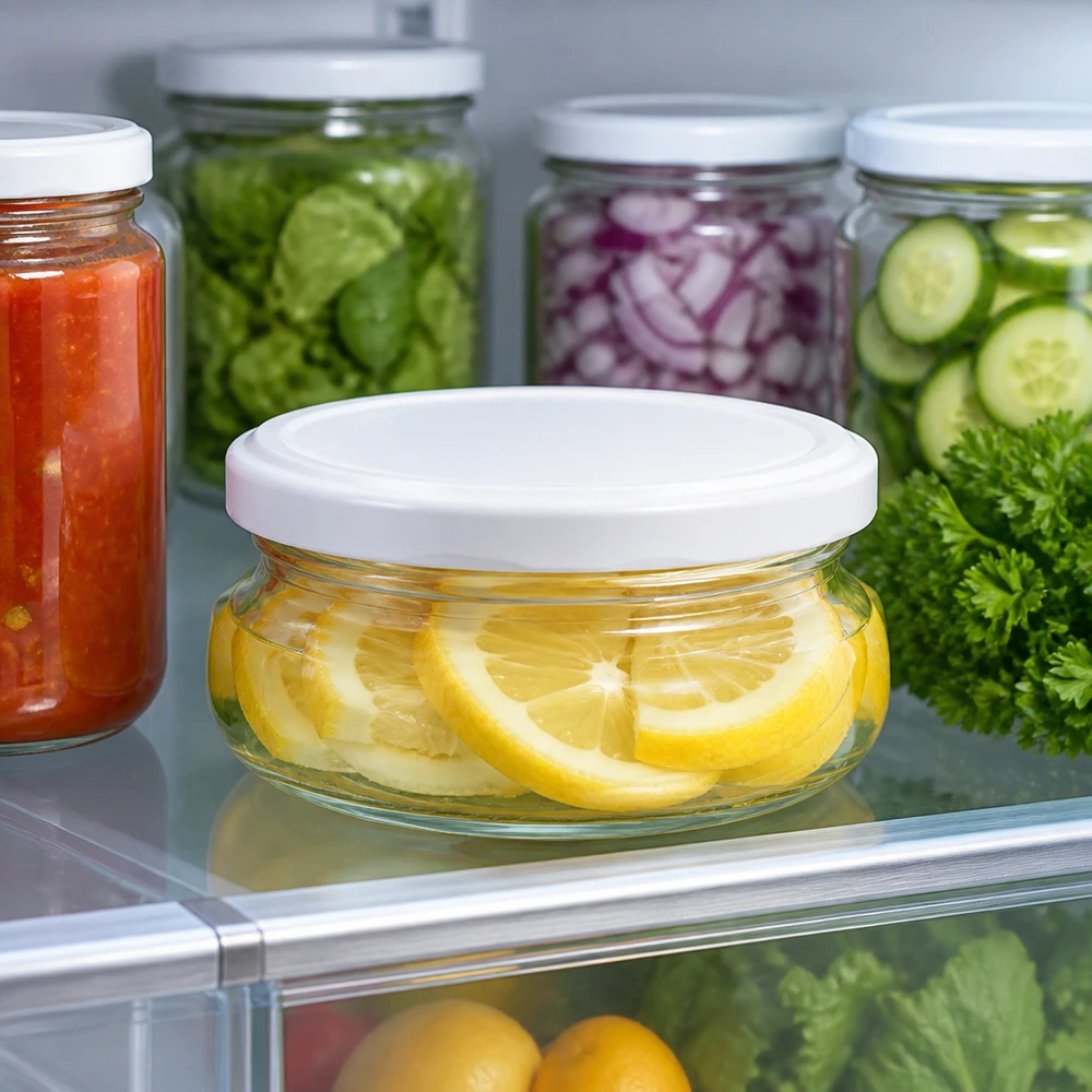 120 ml Terrinenglas 24er-Set mit Deckel (Deckelfarbe: weiss) – UNiTWIST Terrinenglas UNiTWIST 120ml mit weißem Deckel neben Salsa Zwiebeln und Gurken im Kühlschrank