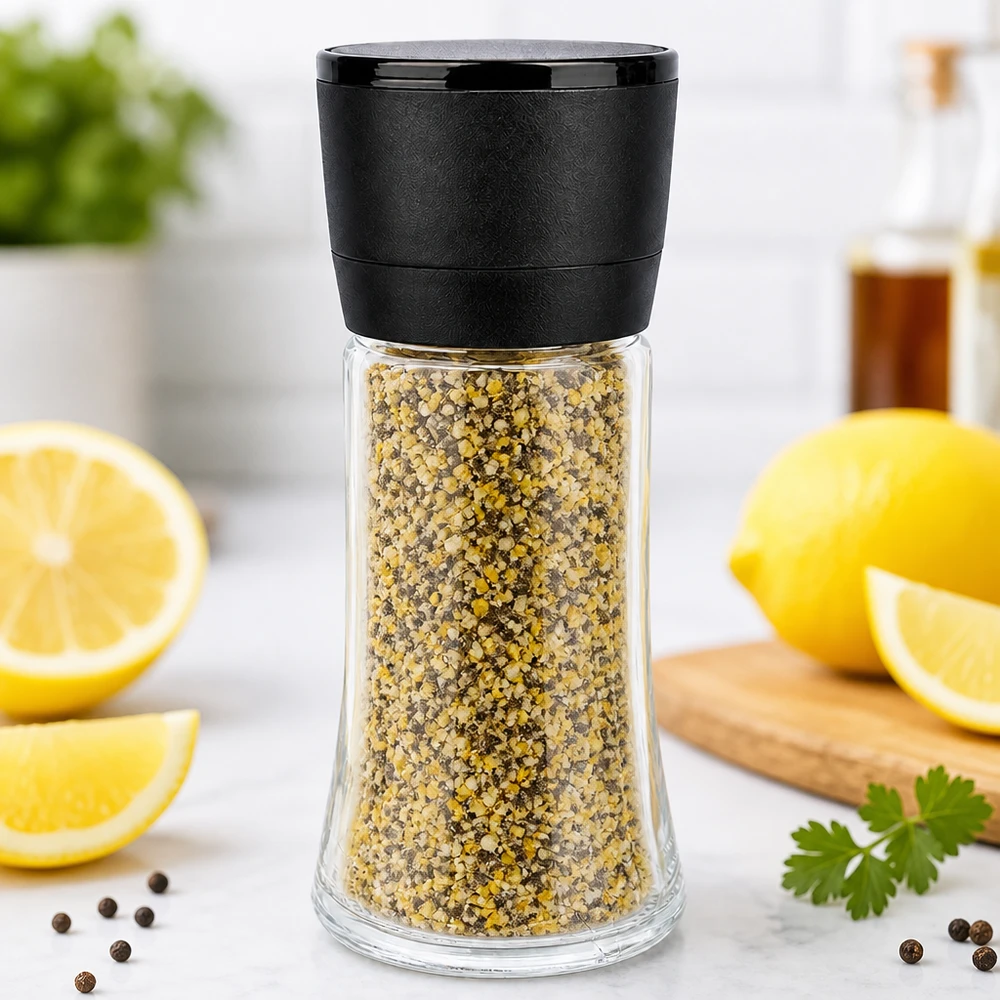 Salz-/Gewürzglas 95ml mit Mühle Vario schwarz Salzmühle Vario 95ml mit transparentem Glaskörper und würziger Zitronen-Pfeffer-Mischung gefüllt