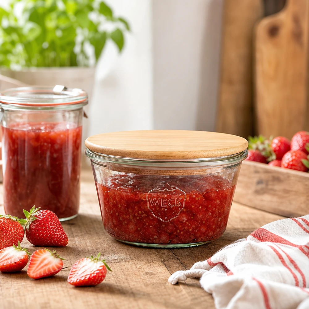 290ml Sturzglas niedrig WECK RR100 mit Holzdeckel WECK Einmachglas 290ml RR100 mit Erdbeermarmelade gefüllt, Bambus-Holzdeckel, Küchenszenerie mit frischen Erdbeeren